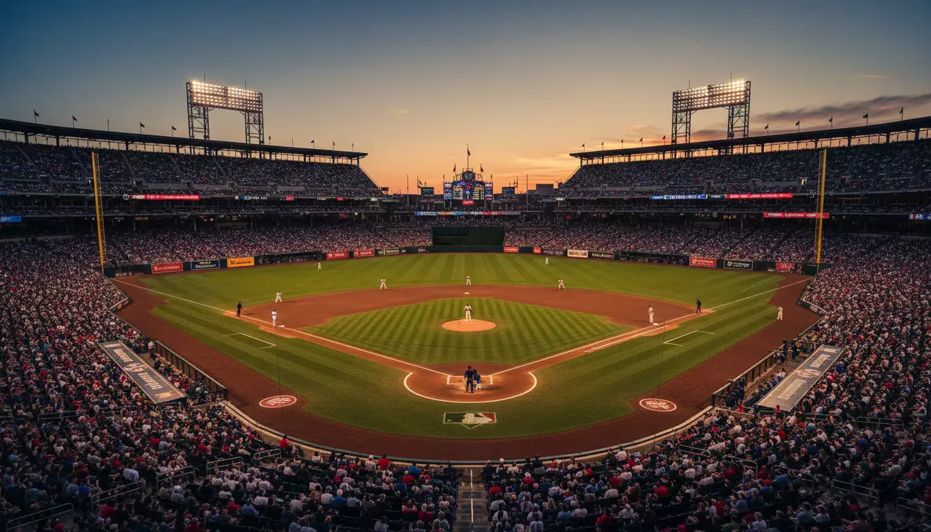 MLB honkbal stadion met volle tribunes tijdens avondwedstrijd
